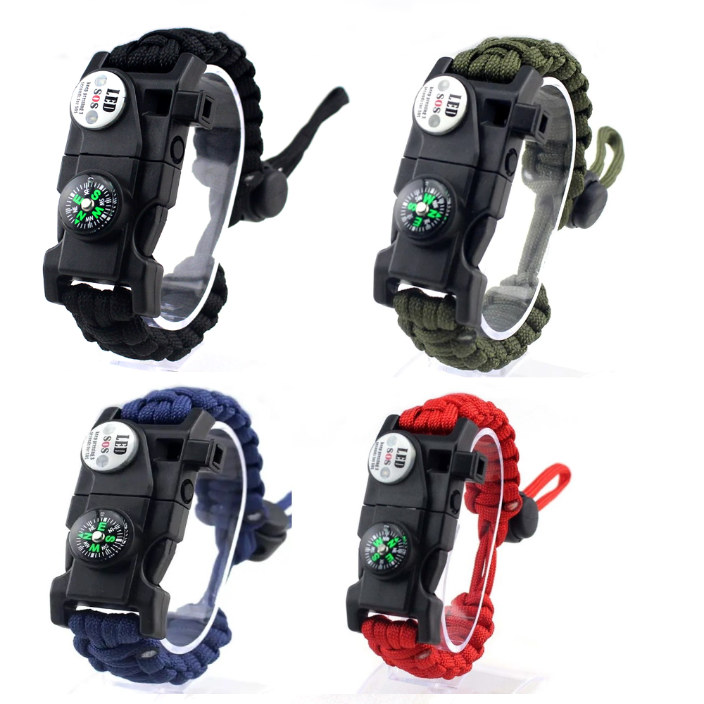 Paracord Survival Bracelet Fire Starter, Compass Whistle, SOS Led Light Green or Black