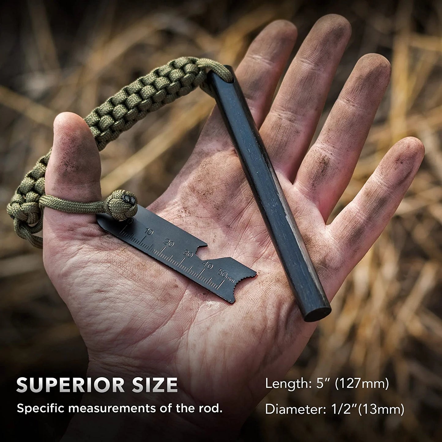 Flintsupplystore 3" Inch Survival Ferrocerium Drilled Flint Fire Starter, Ferro Rod Kit with Paracord Lanyard and Striker, 3"(Long) x 5/16"(Diameter)