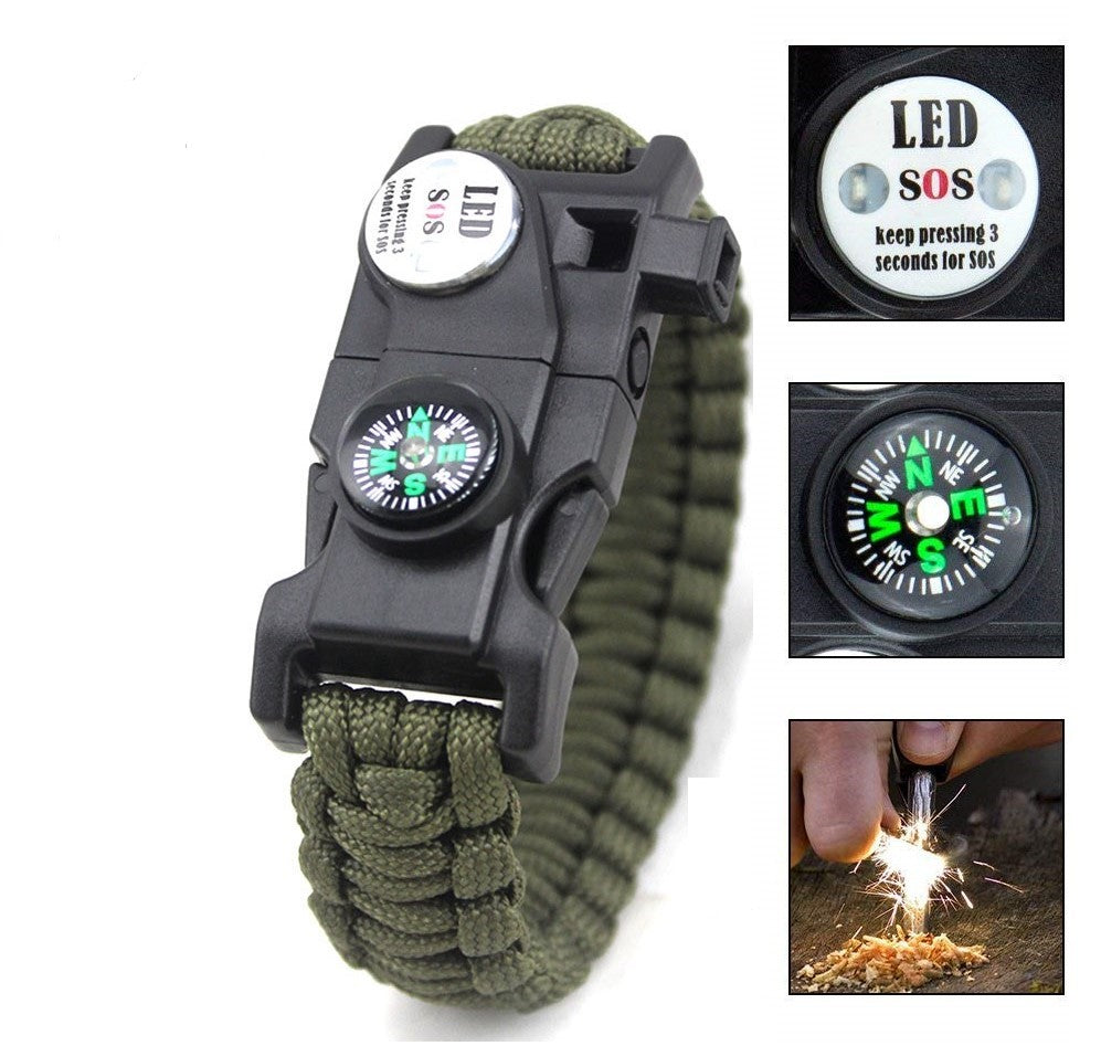 Paracord Survival Bracelet Fire Starter, Compass Whistle, SOS Led Light Green or Black