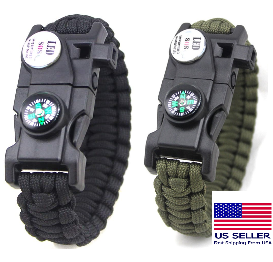 Paracord Survival Bracelet Fire Starter, Compass Whistle, SOS Led Light Green or Black