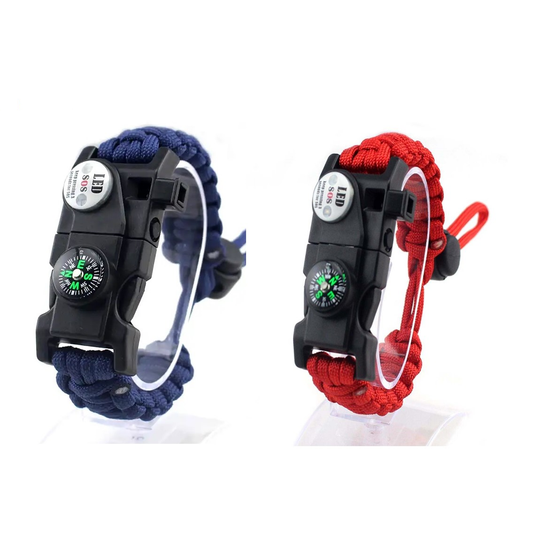 Paracord Survival Bracelet Fire Starter, Compass Whistle, SOS Led Light Red or Blue
