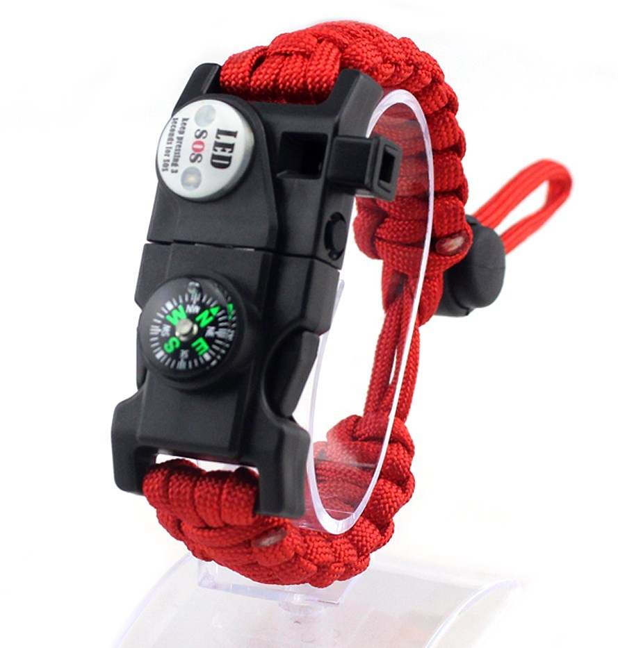 Paracord Survival Bracelet Fire Starter, Compass Whistle, SOS Led Light Green or Black
