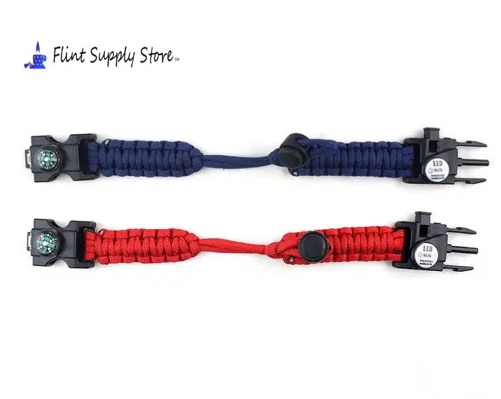 Paracord Survival Bracelet Fire Starter, Compass Whistle, SOS Led Light Green or Black