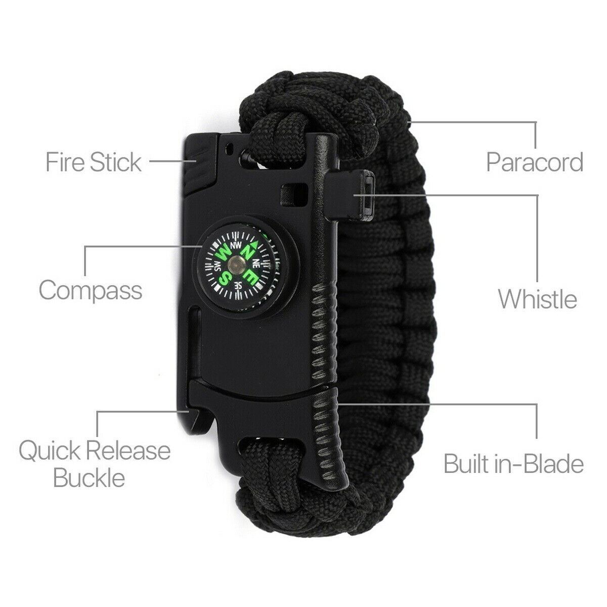 6 in 1 Adjustable Paracord Emergency Bracelet Fire Starter, Compass, Whistle, Scraper, Cutting Tool