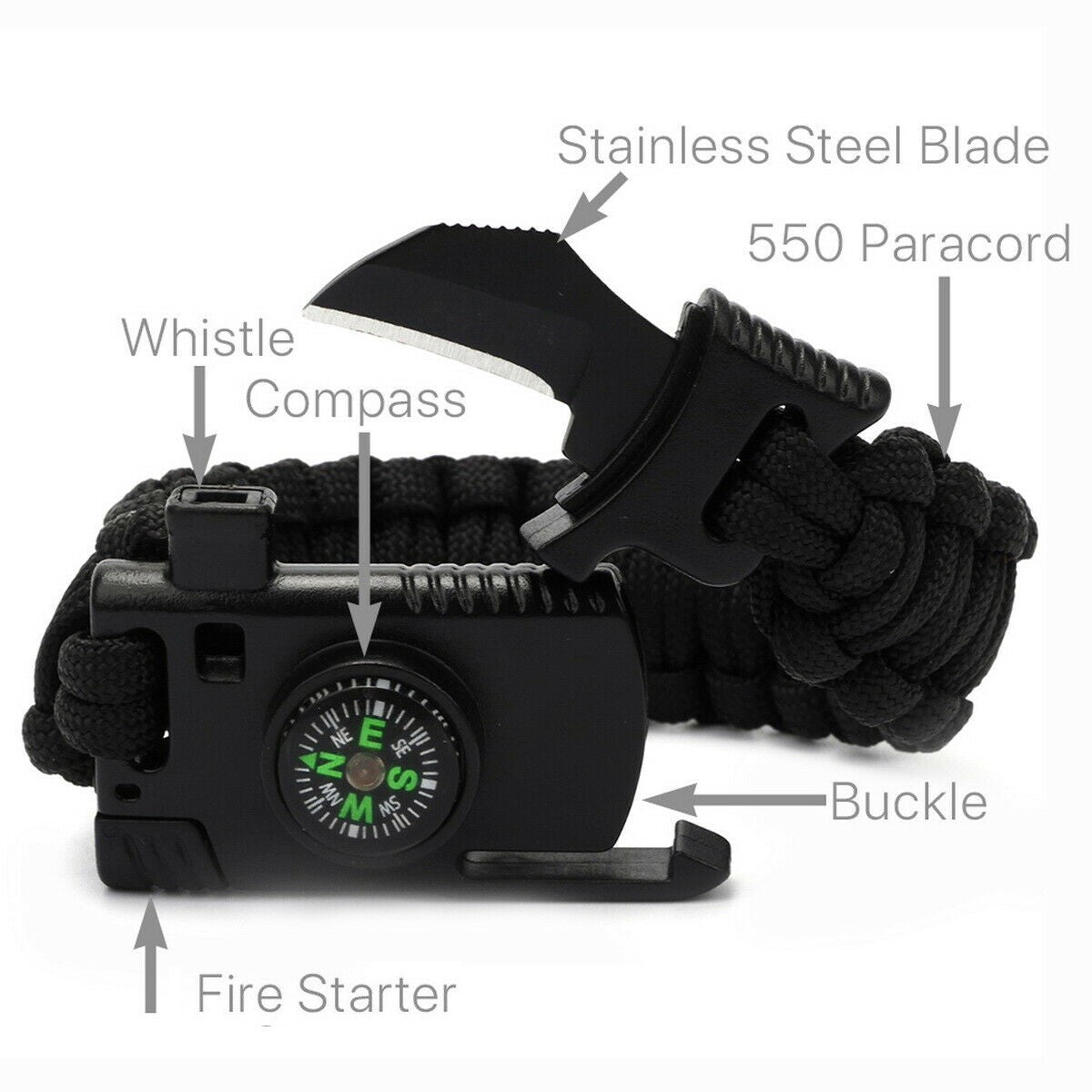 6 in 1 Adjustable Paracord Emergency Bracelet Fire Starter, Compass, Whistle, Scraper, Cutting Tool
