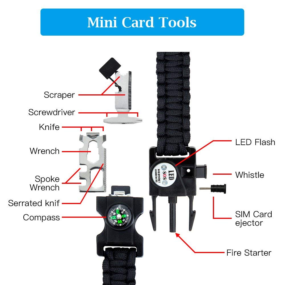 Paracord Survival Bracelet Fire Starter, Compass Whistle, SOS Led Light Green or Black