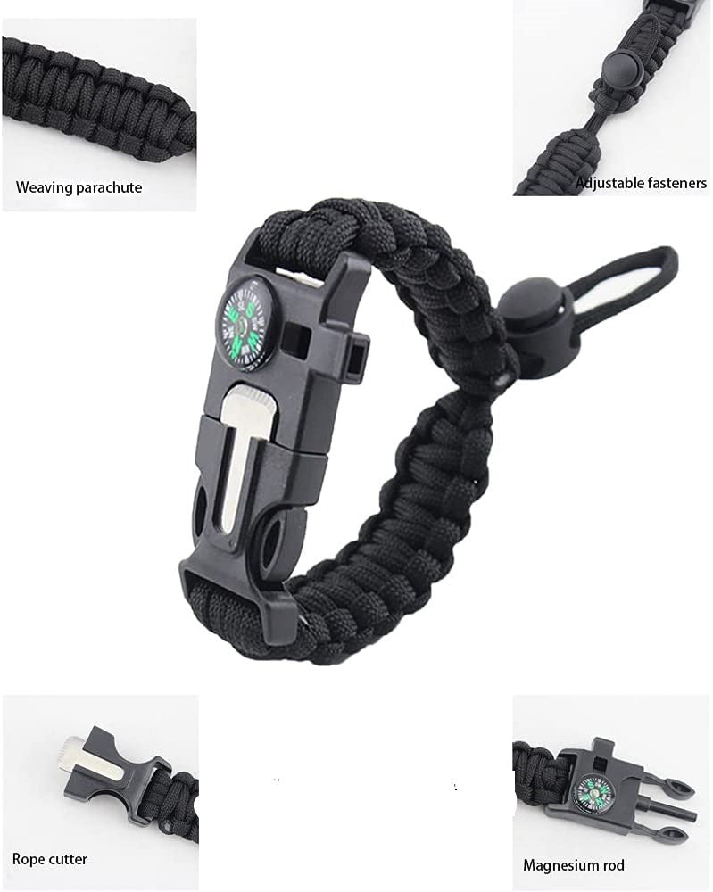 Call for help or start a fire with the SDS Green Tactical Survival Bracelet Emergency Bracelet Kit; Utility wristband compass bracelet helps maintain your sense of direction, but if you get lost, use the survival whistle to make an SOS call; Set camp with paracord and flint fire starter kit