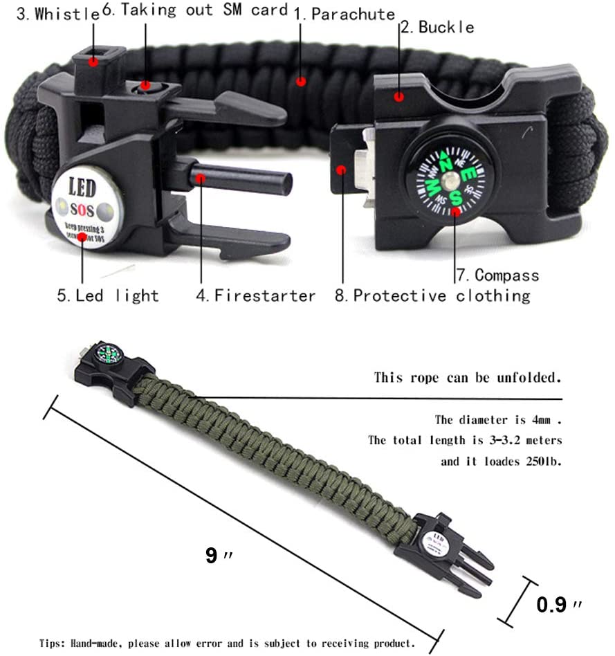 Paracord Survival Bracelet Fire Starter, Compass Whistle, SOS Led Light Green or Black