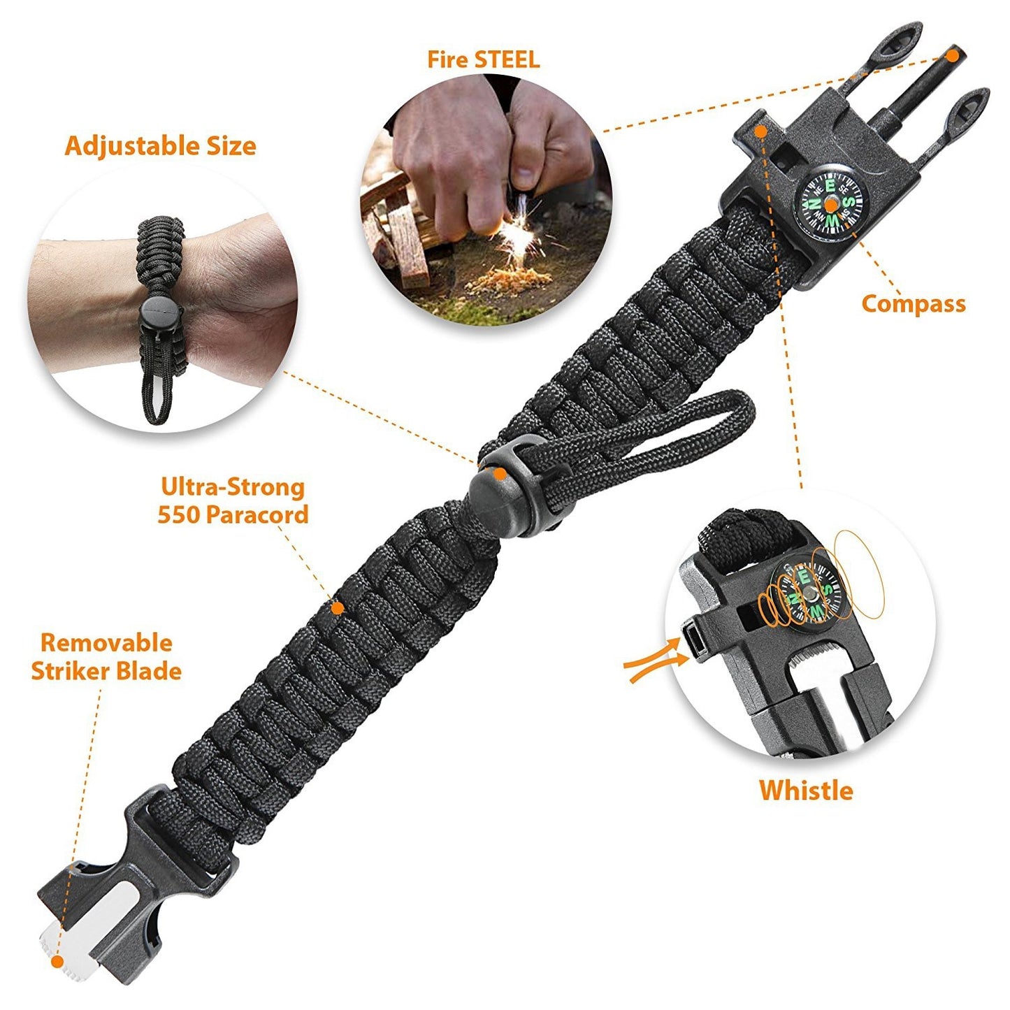 WHISTLE: The whistle is loud enough which imagine it could be heard from a very good distance depending on geographical surroundings.3. Take the bracelet off your wrist before trying to use the compass. ACCURATE COMPASS: Great for direction. To make the compass more accurate, please remove the metal scraper away the compass.