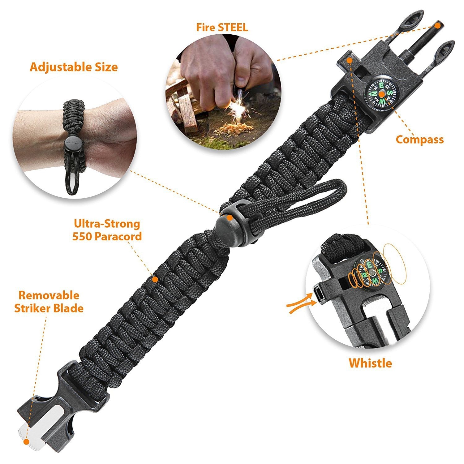 WHISTLE: The whistle is loud enough which imagine it could be heard from a very good distance depending on geographical surroundings.3. Take the bracelet off your wrist before trying to use the compass. ACCURATE COMPASS: Great for direction. To make the compass more accurate, please remove the metal scraper away the compass.