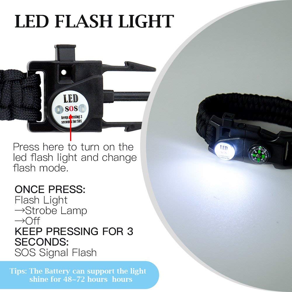 Paracord Survival Bracelet Fire Starter, Compass Whistle, SOS Led Light Green or Black