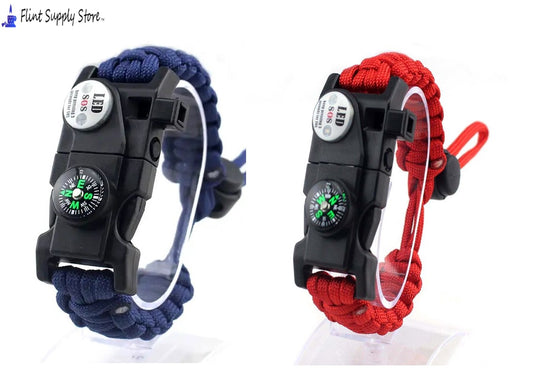 Paracord Survival Bracelet Fire Starter, Compass Whistle, SOS Led Light Red or Blue