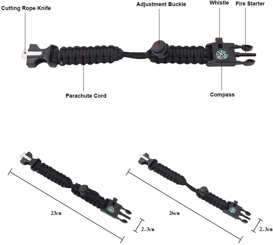 5 in 1 Adjustable Paracord Emergency Bracelet Fire Starter, Compass, Whistle, and More, Women's, Size: 1 Black Bracelet